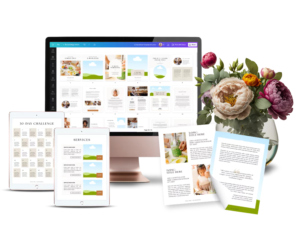 70-page e-Book Template for bloggers and course creators, by the Blogging She Thrives shop - OLIVIA Collection
