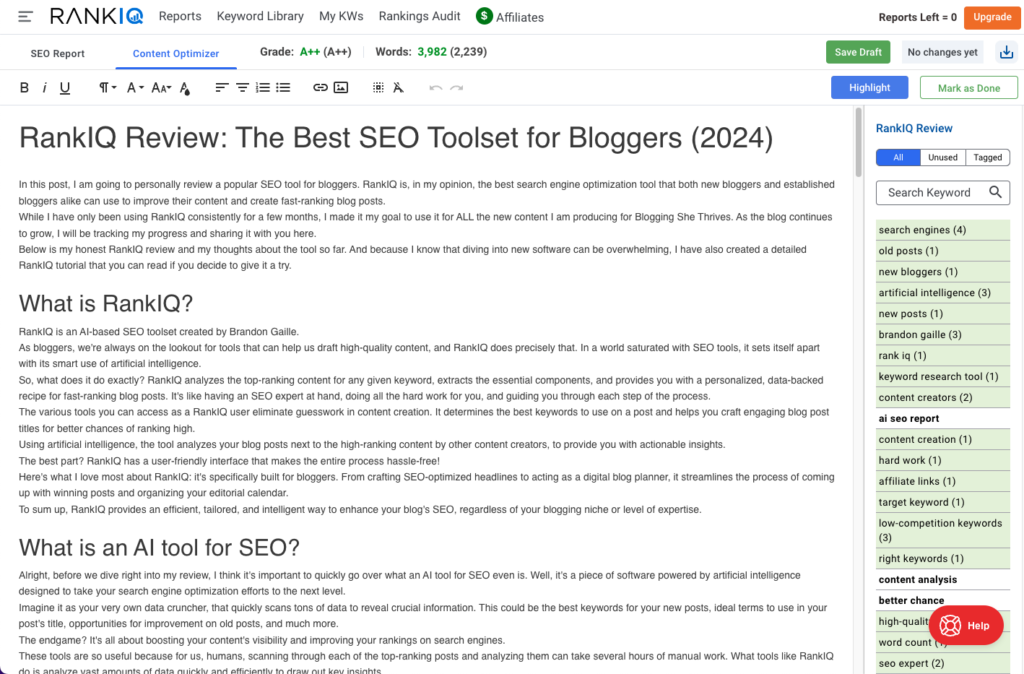 RankIQ Review: a screenshot of RankIQ's content optimizer for this post.