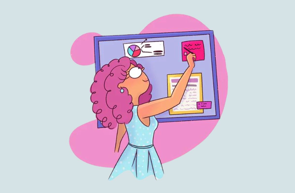 Stray Curls illustration of a woman taking notes